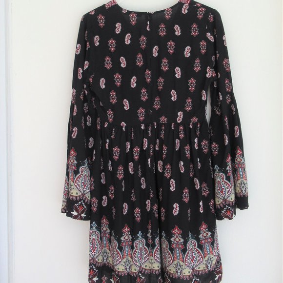 LUNIK Floral Paisley Boho Empire Waist Dress Small Long Sleeve, Black Multicolor - Picture 4 of 15